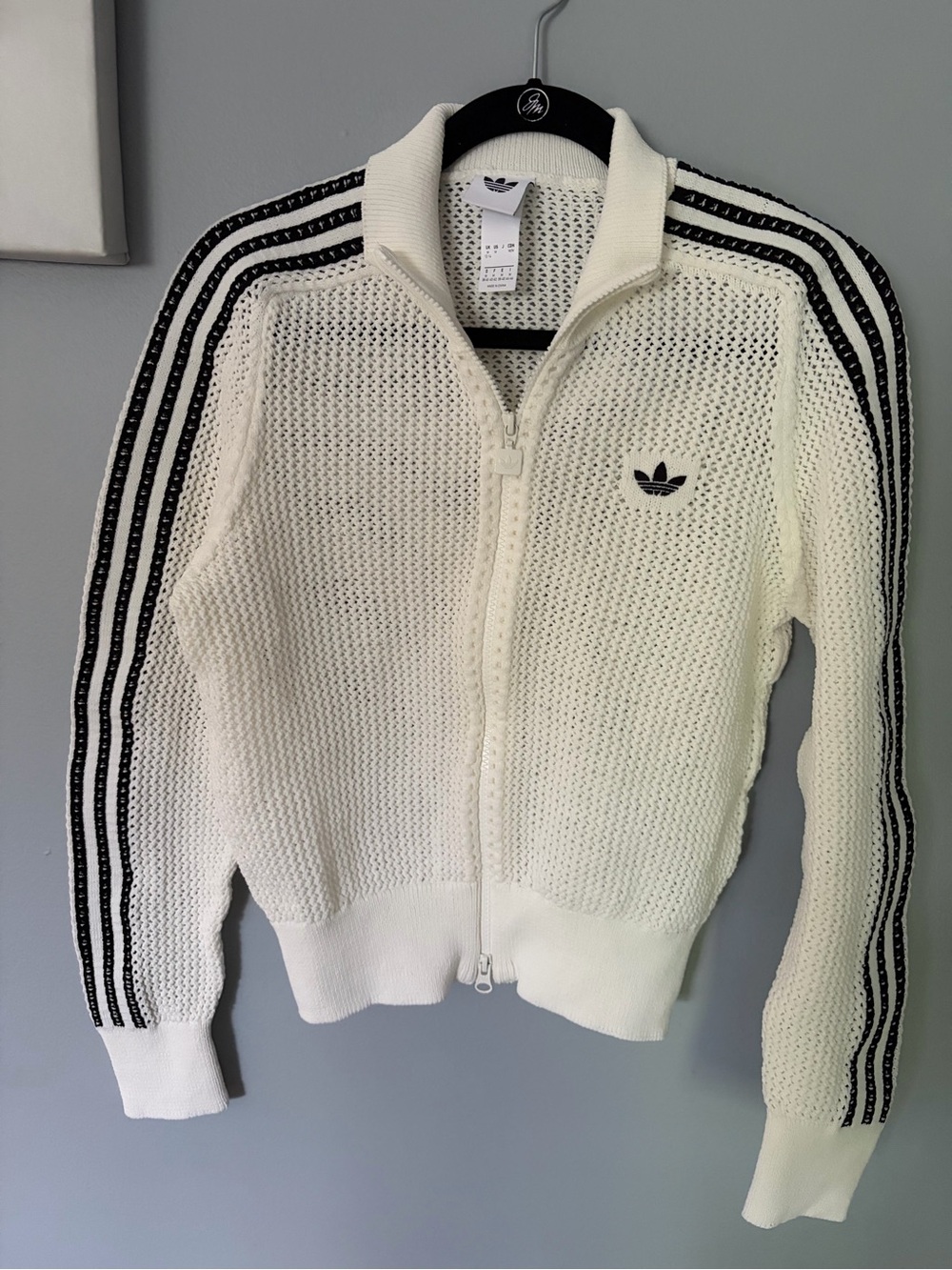 NWOT Adidas White Knit Track Jacket with Black Stripes Medium